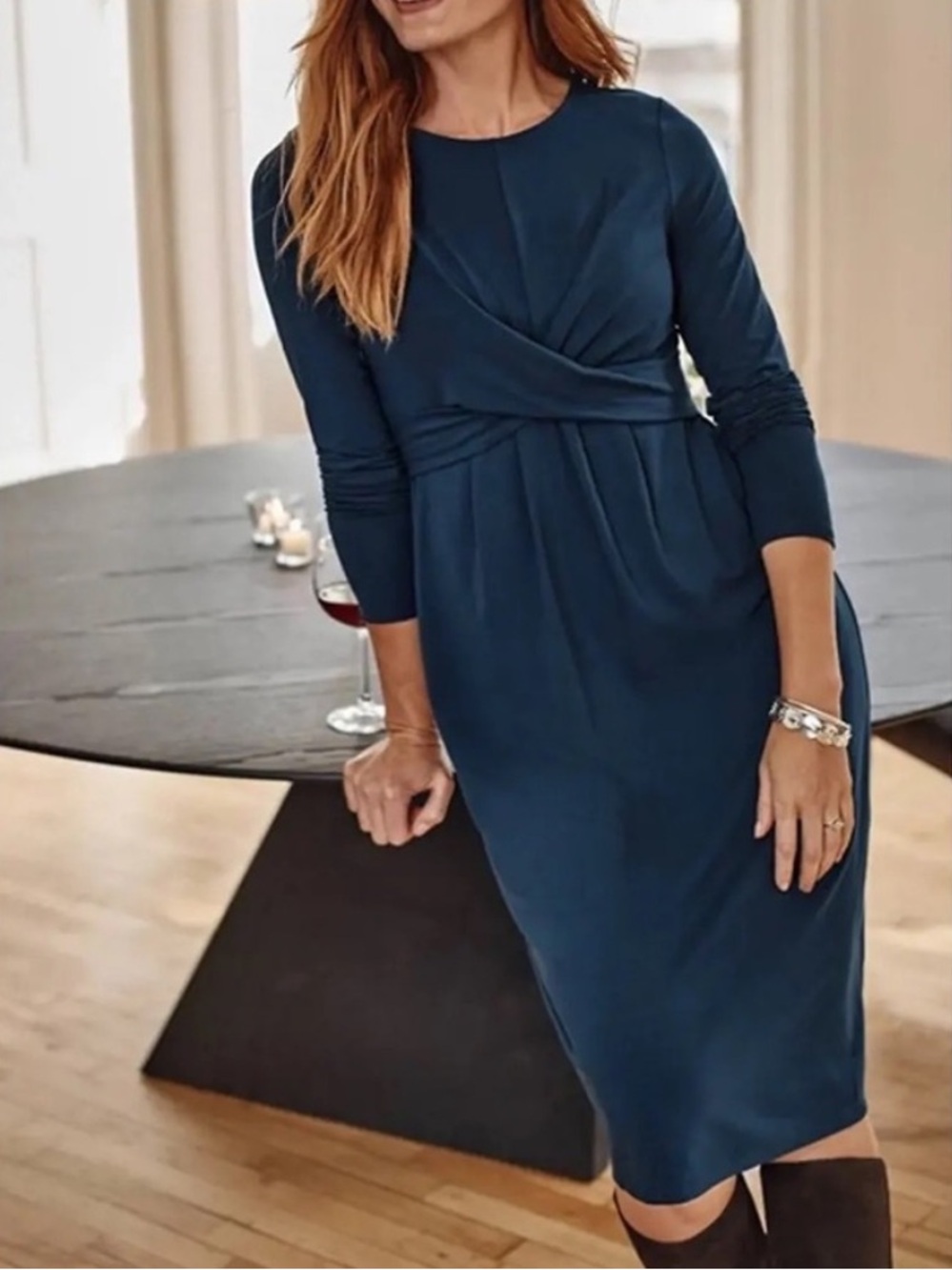 J. Jill Wearever Collection XS Knit Midi Dress Navy Blue Criss-Cross Stretch